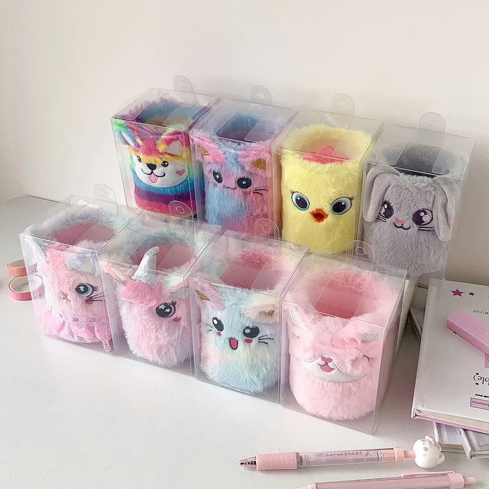 Plush animal pen holders in clear packaging, organized in rows for storage or gifting