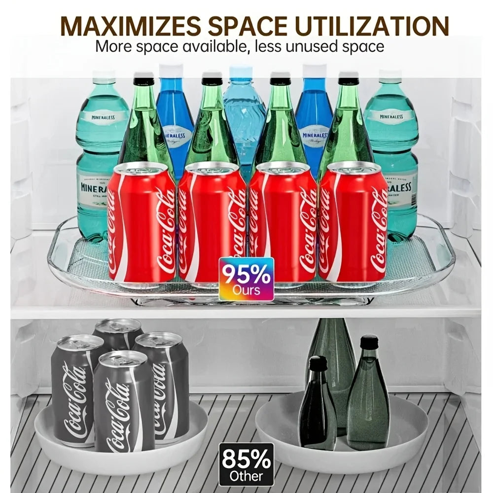 Rectangular lazy Susan tray maximizing fridge space, shown with cans and bottles