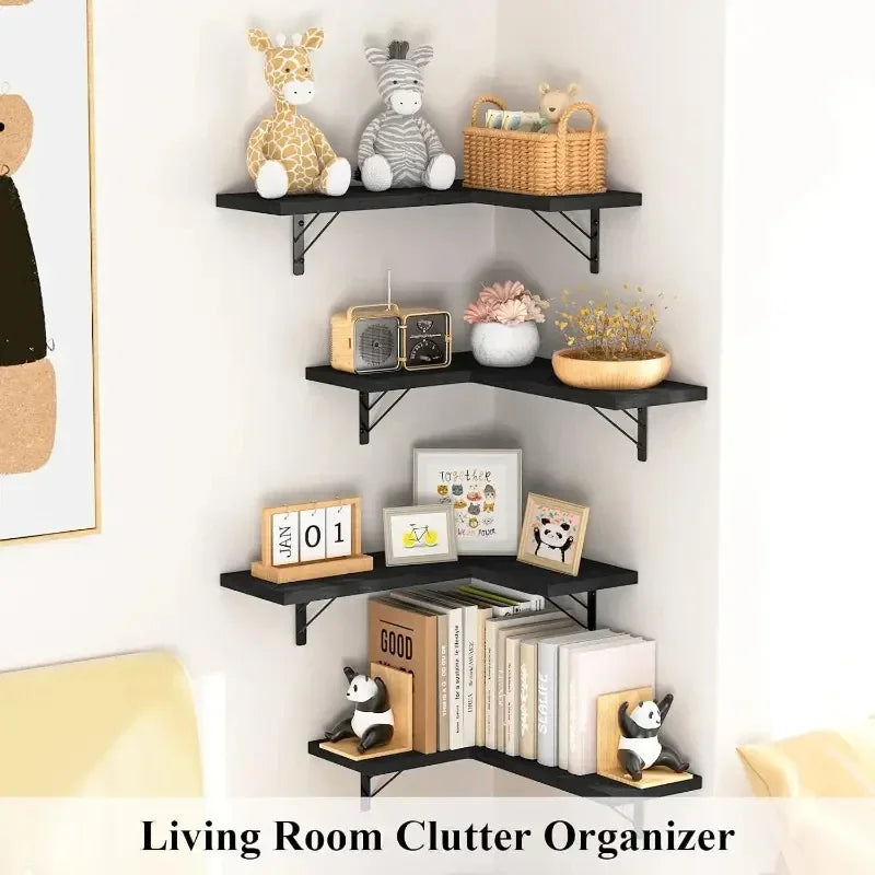 Modern Wood Corner Wall Shelf – Floating Space-Saving Organizer for Living Room, Kitchen, or Bedroom Corners