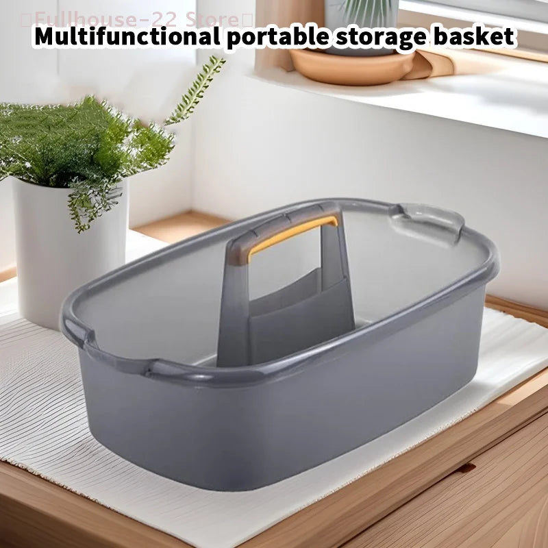 Gray handled plastic cleaning caddy on table near window
