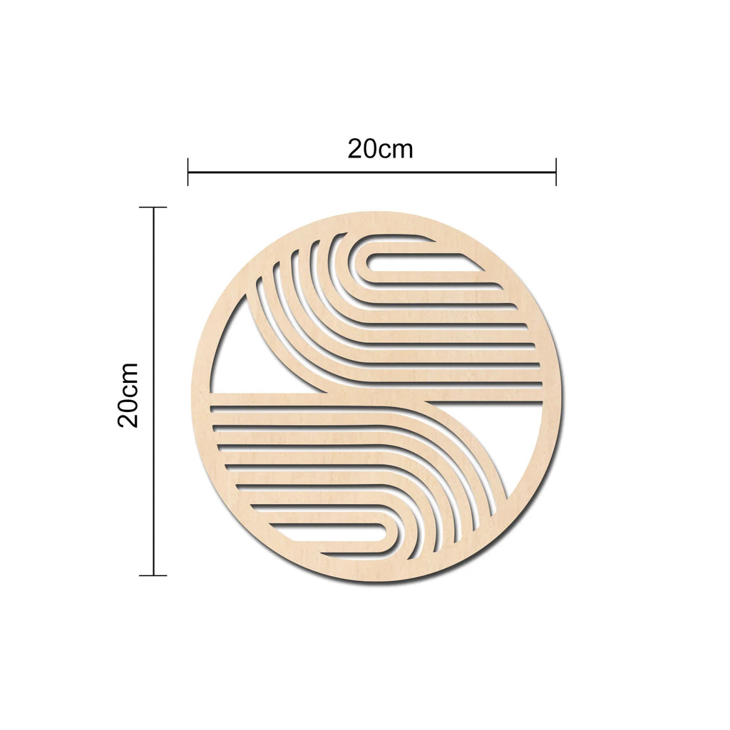 Close-up of a single geometric round wooden wall art panel with dimensions showing 20cm width and height.