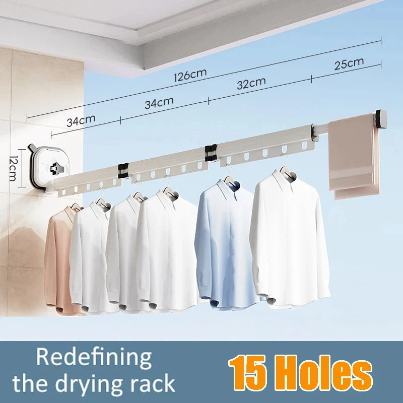 White Folding Suction Cup Drying Rack, Aluminum Wall-Mounted Telescopic Clothes Hanger for Laundry & Balcony