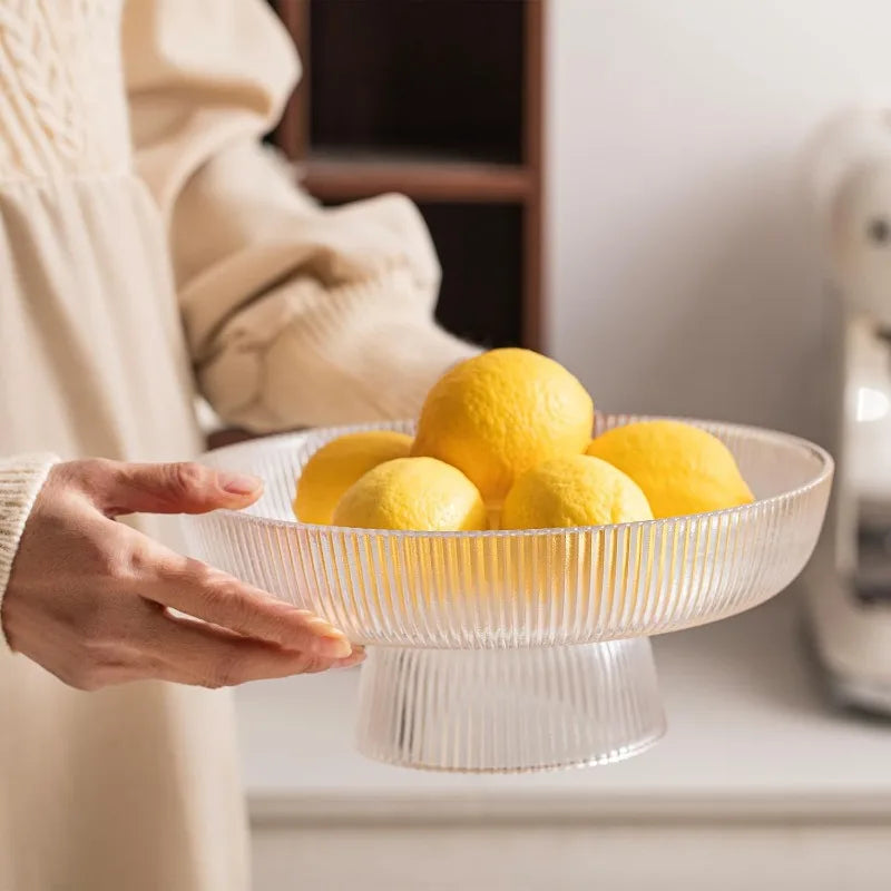Ribbed Glass Pedestal Fruit Bowl for Dining Table or Kitchen