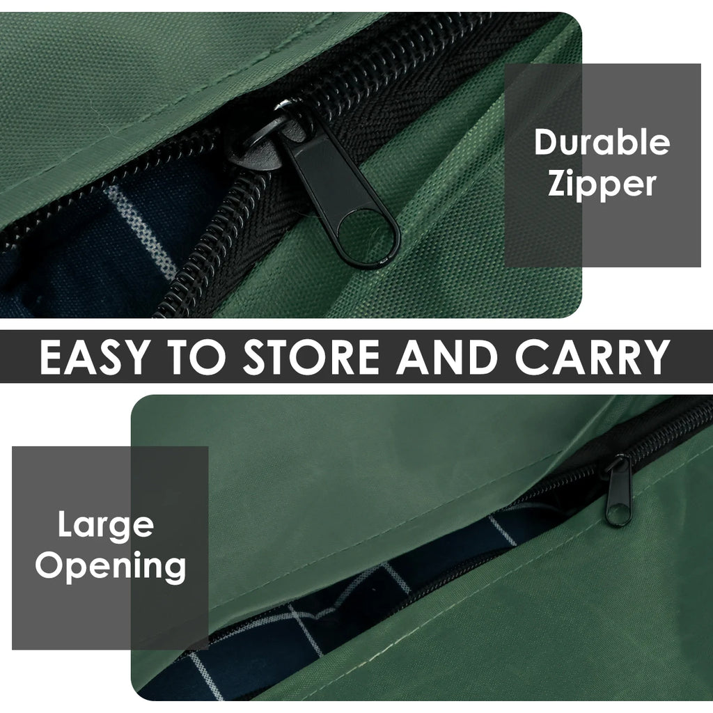 Detail showing the storage bag's durable zipper and large opening for easy access