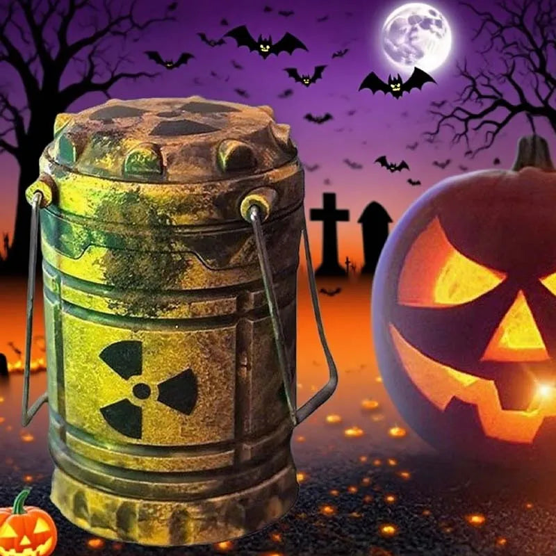 Mini nuclear reactor lantern night light placed on a Halloween-themed background with pumpkins and bats