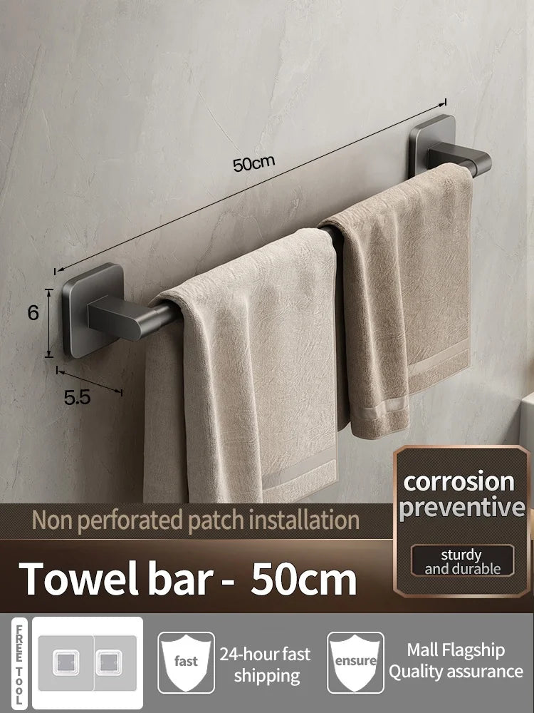 Adhesive Gray Aluminum Towel Bar – No-Drill Wall-Mounted Towel Rack for Bathroom, Kitchen, or Laundry