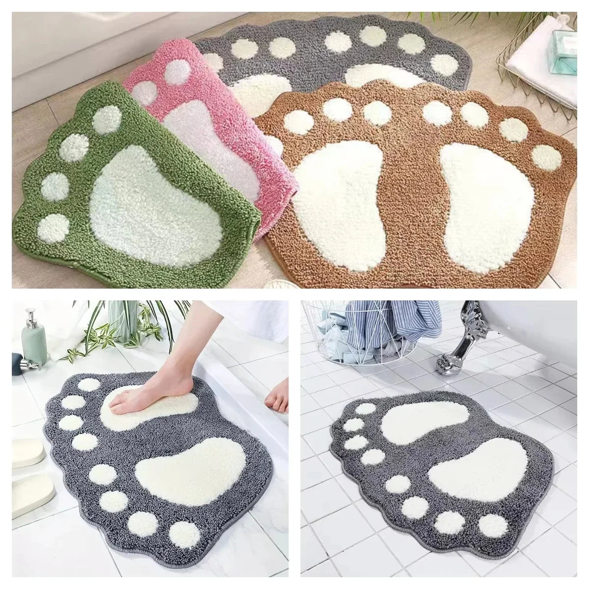 Assorted footprint-shaped microfiber bath mats in multiple colors on floor and in use in bathrooms