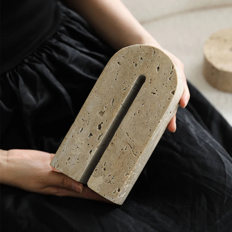 Arched Travertine Stone Bookends for Living Room & Shelf Organization – Retro Beige Sculptural Design