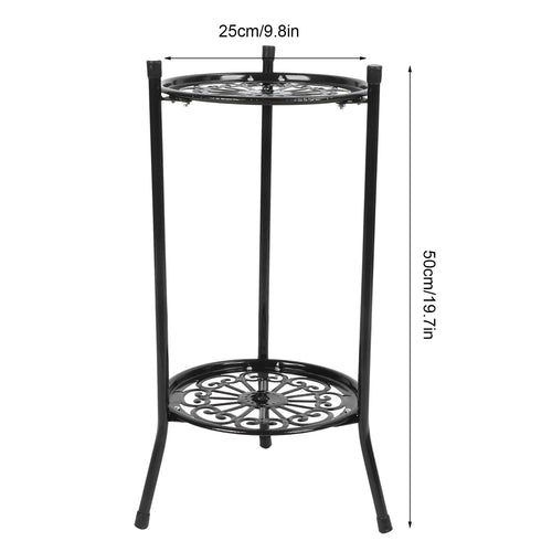 Black metal plant stand with two round trays, labeled dimensions 25cm x 50cm
