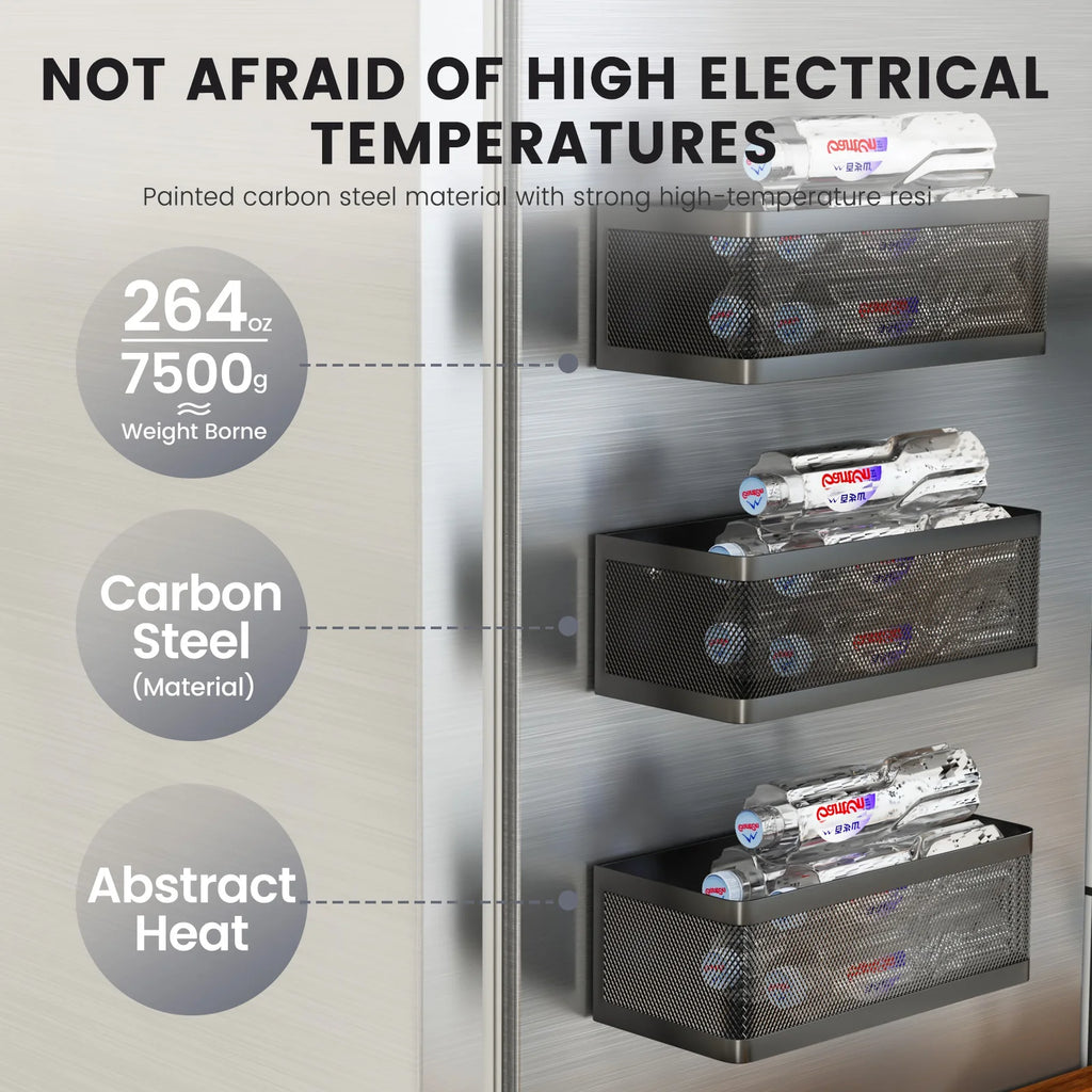 Close-up of black magnetic baskets on a fridge with text highlighting carbon steel construction and weight capacity.