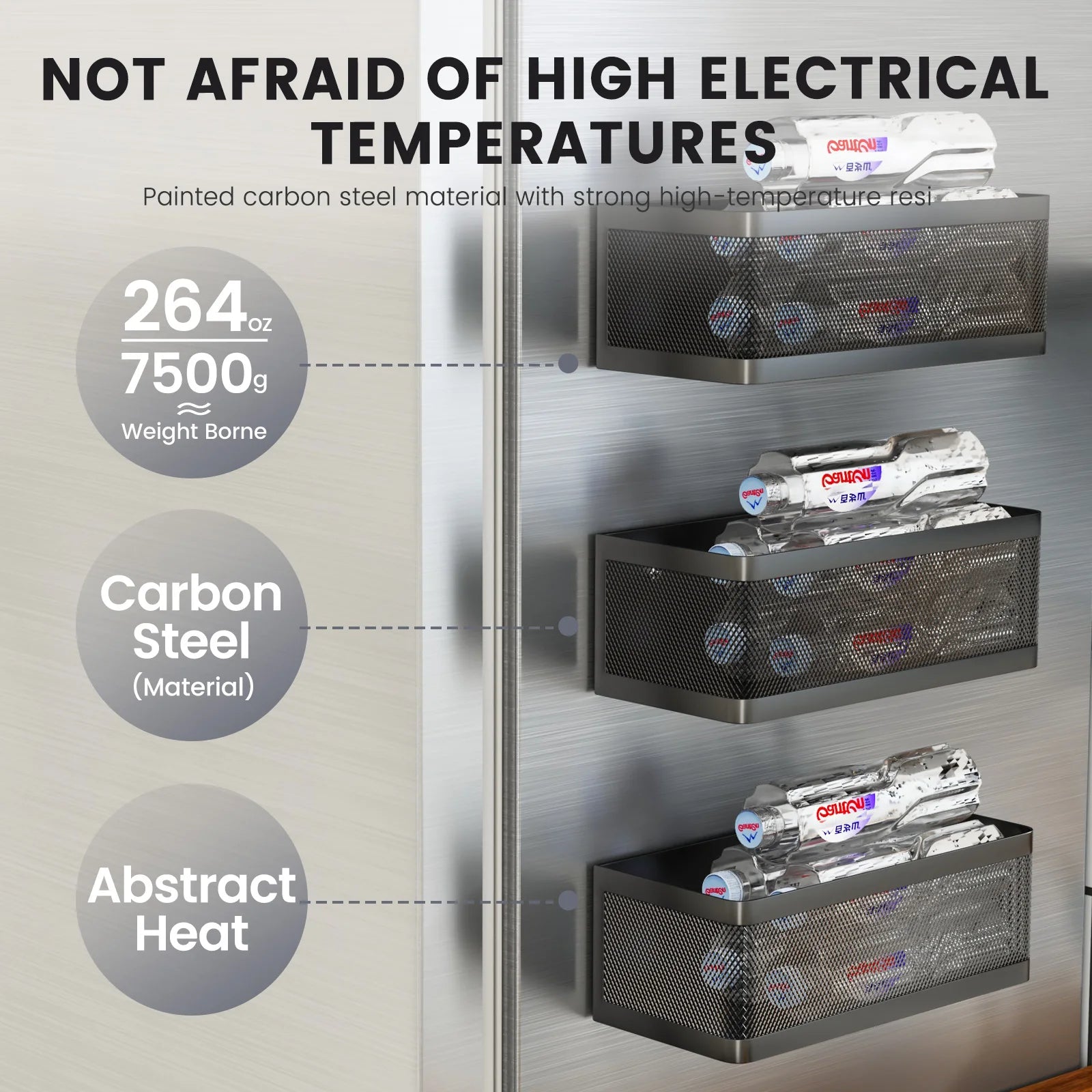Close-up of black magnetic baskets on a fridge with text highlighting carbon steel construction and weight capacity.