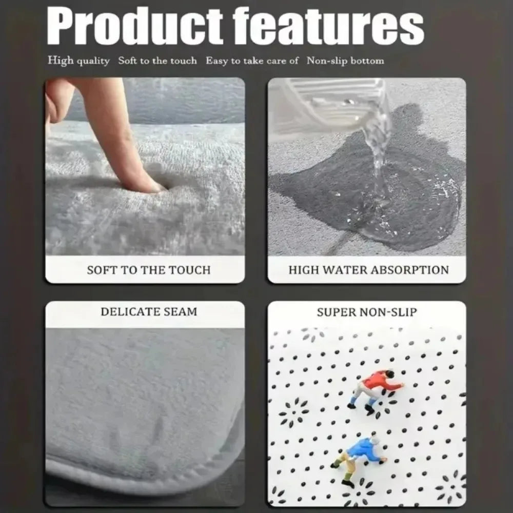 features of the rug shown: soft flannel surface, high water absorption, delicate seam, non-slip backing