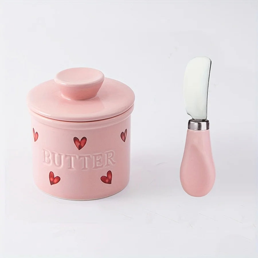 Elise Pink Ceramic French Butter Crock with Lid & Butter Knife for Kitchen Counter