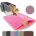 Cat exiting litter box onto pink double-layer cat litter mat with honeycomb design and multiple color options shown