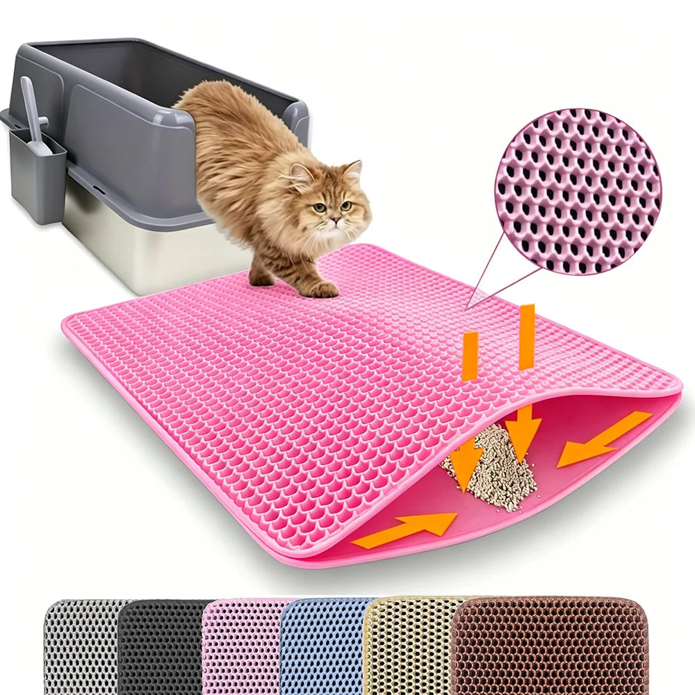 Cat exiting litter box onto pink double-layer cat litter mat with honeycomb design and multiple color options shown