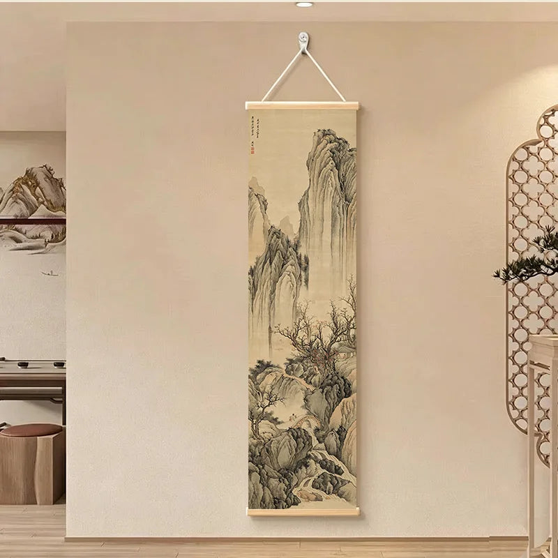 Framed Japanese wall art scroll with mountain landscape design on neutral wall