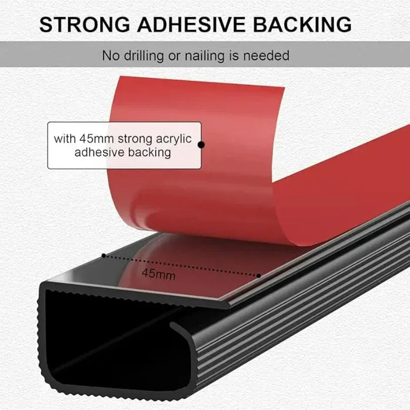 Close-up of adhesive backing on cable organizer tray with callout showing 45mm strong acrylic adhesive