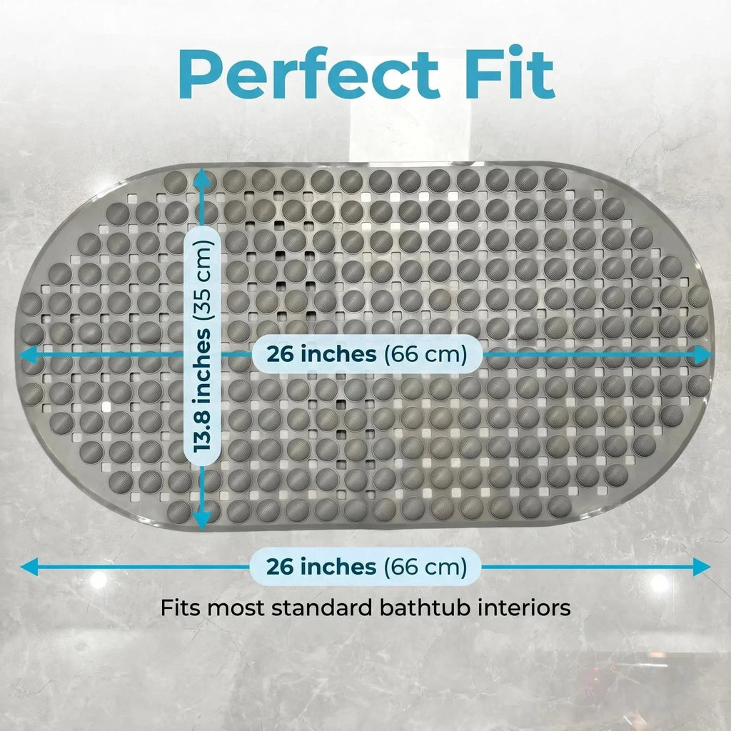 Size diagram showing oval bath mat dimensions of 35x66cm and fit for most bathtubs