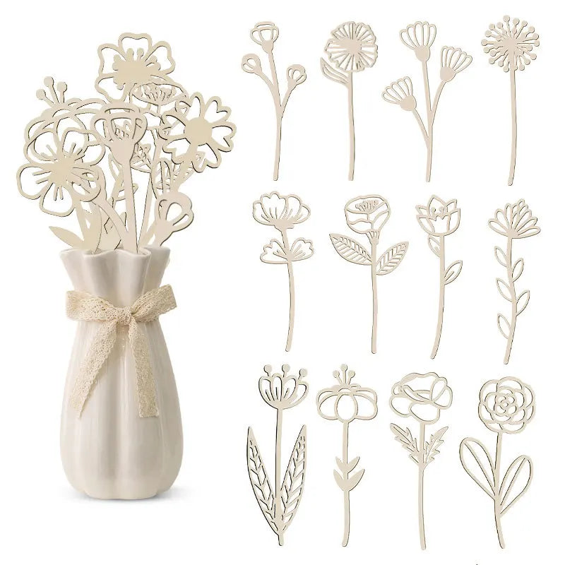 Set of 10 unfinished wooden wildflower cutouts displayed in a white vase and shown individually