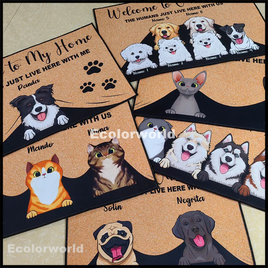 Spread of personalized entryway mats with various cat and dog illustrations and names