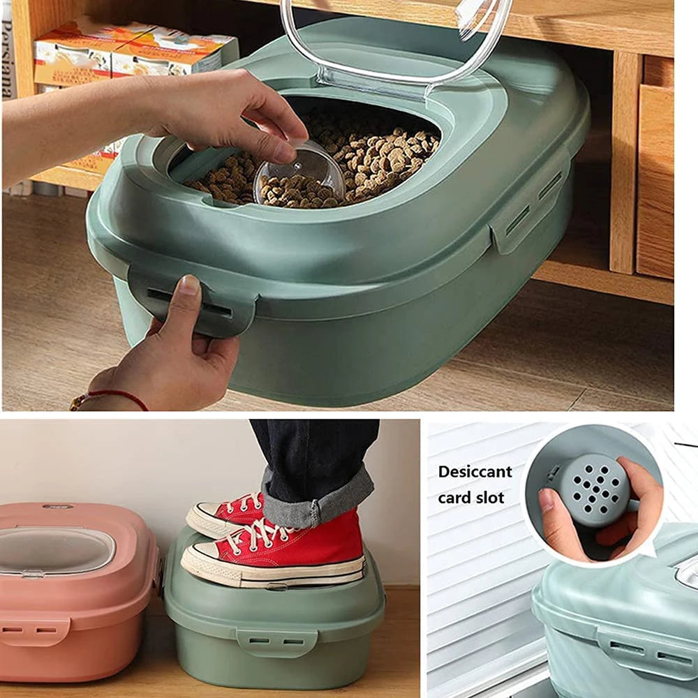 Demonstration of green pet food container being stowed under a cabinet, desiccant card slot, and two closed bins, one supporting a person standing