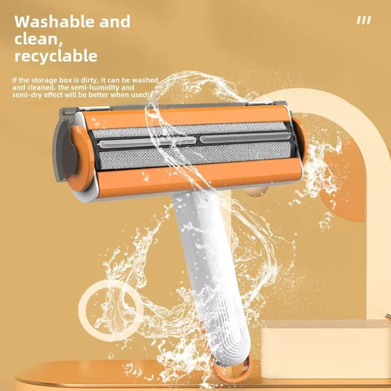 Washable double-sided lint roller brush being rinsed with water