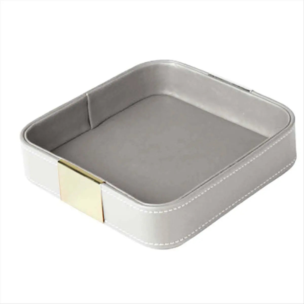 Empty grey PU leather square tray with detailed stitching and gold metal accent
