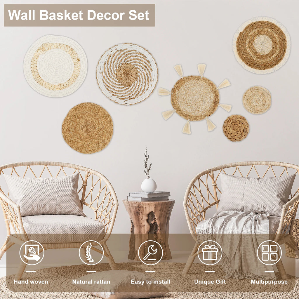 Handwoven rattan wall basket decor set arranged above two rattan chairs in a cozy living room