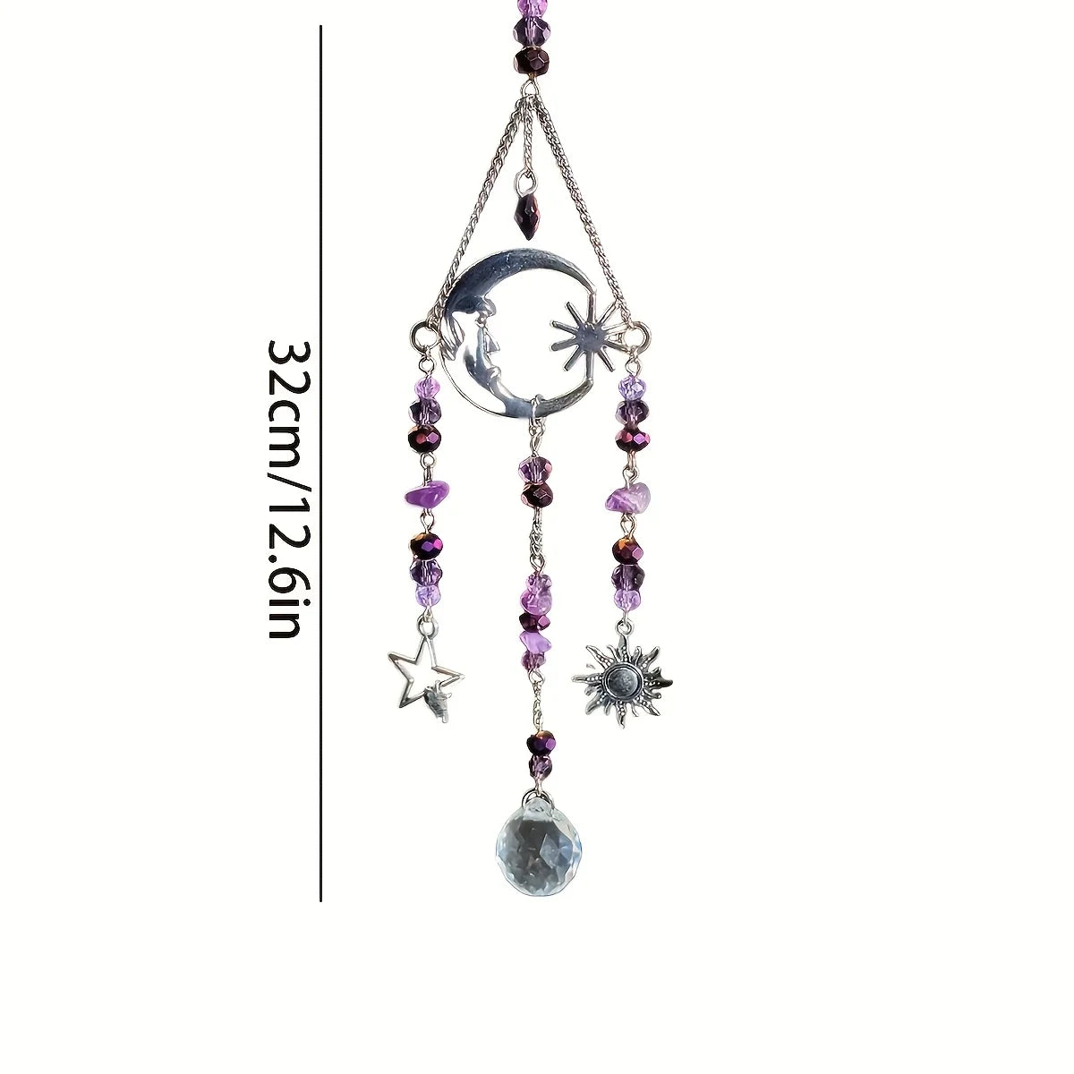 Silver celestial suncatcher with measurement of 32cm, featuring purple and clear beads, moon, sun, and star charms.