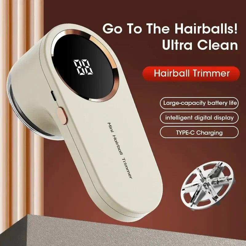 off-white digital fabric lint remover on display with text highlighting battery, display, and USB features