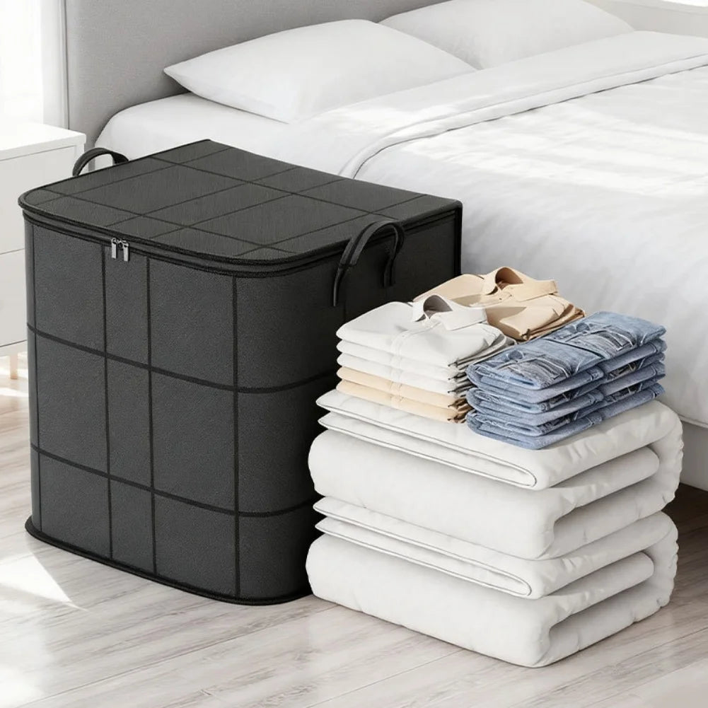 Large Capacity Fabric Clothing Storage Bag with Zipper & Handles for Bedroom, Closet, or Laundry Organization – Black/Grey