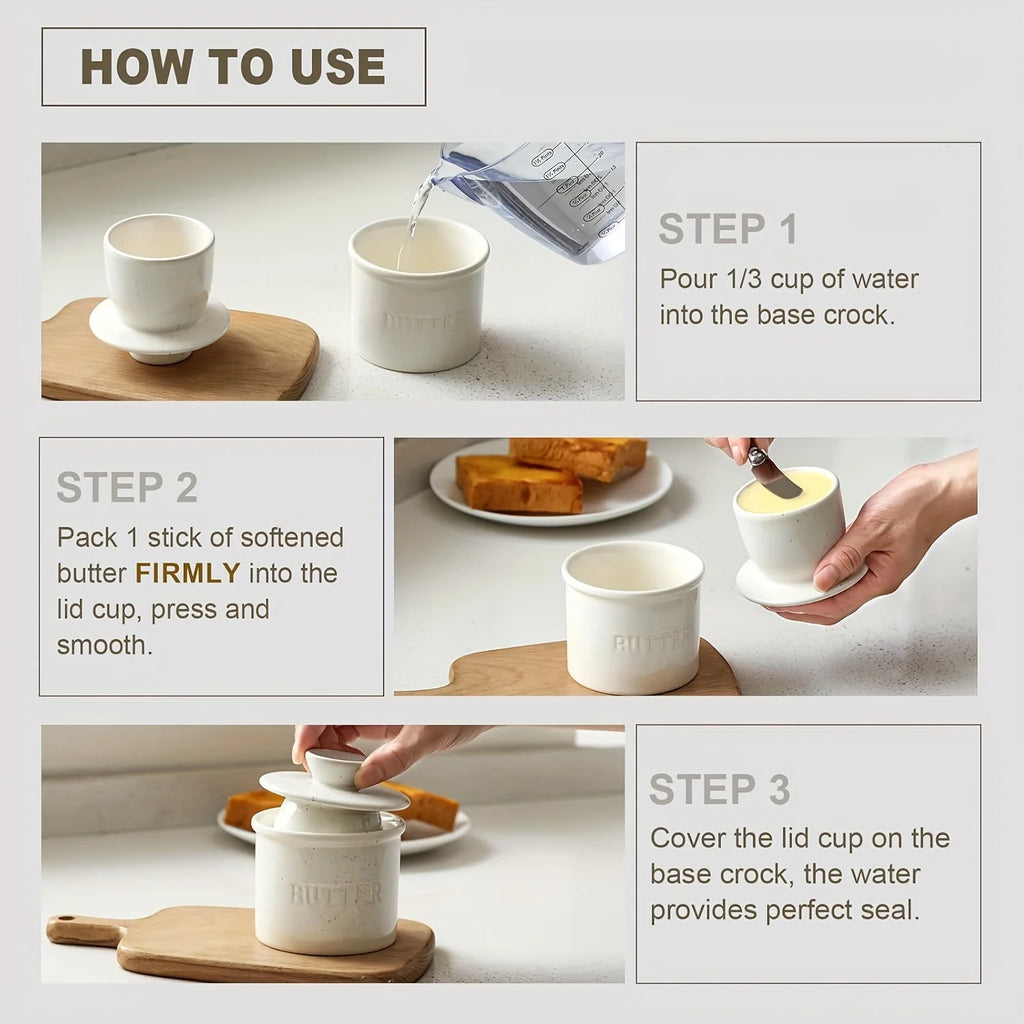 Step-by-step instructions for using a French butter crock, illustrated with photos