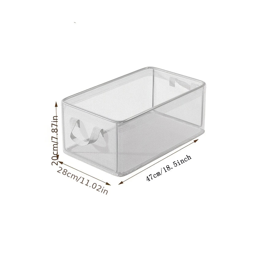Transparent PVC storage basket with steel frame, labeled dimensions
