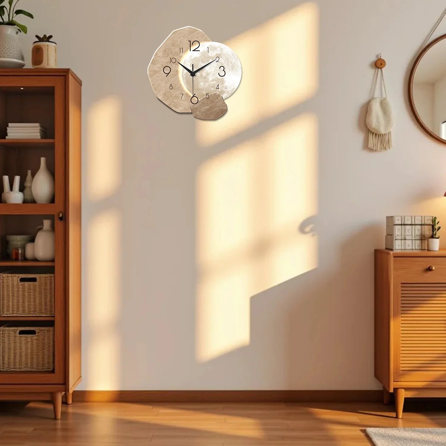 moon wall clock as living room decor on a light wall with mid-century furniture