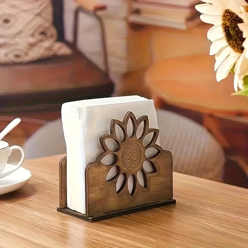 Wooden sunflower napkin holder on a cozy cafe-style tabletop with sunflower decor