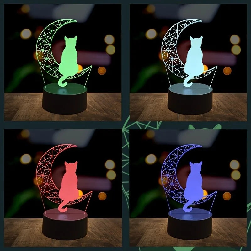 Four views of multi-color cat and moon LED acrylic night light