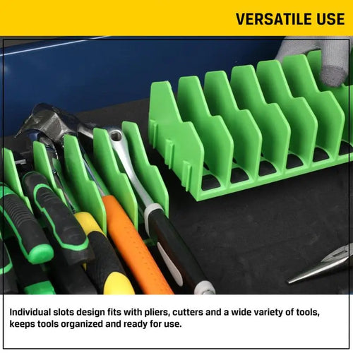 green pliers organizer holding tools in a workshop drawer