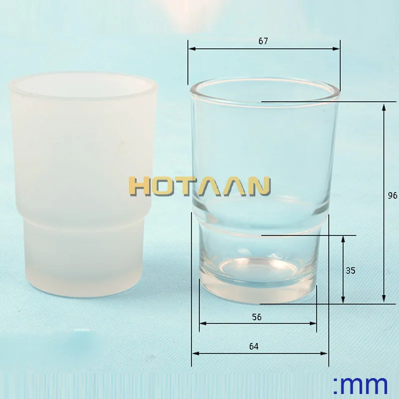 Transparent and matte glass toothbrush cups showing dimensions