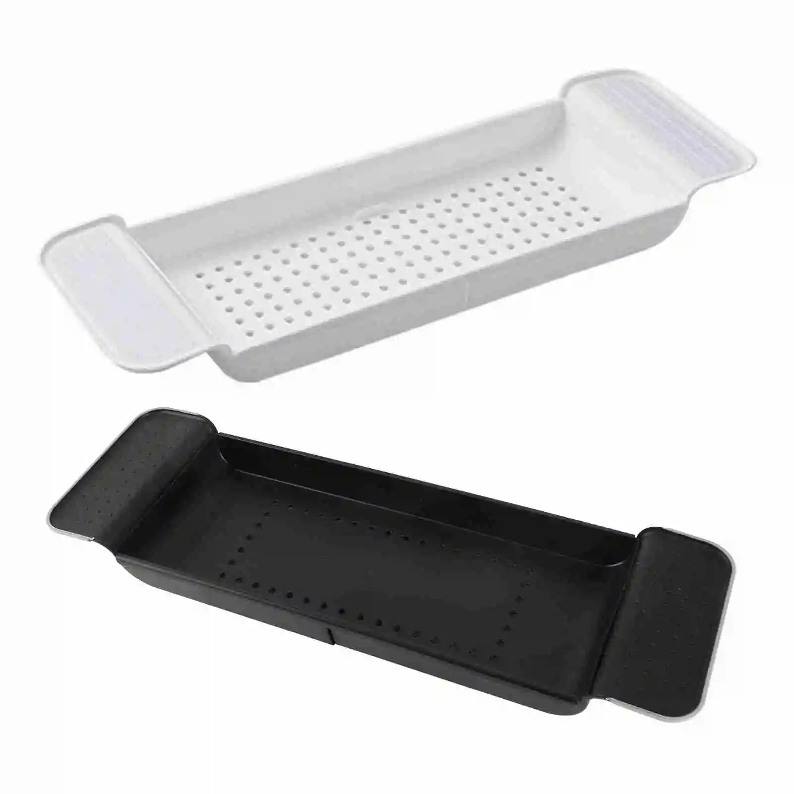 White and black versions of expandable bathtub tray with draining design displayed side by side