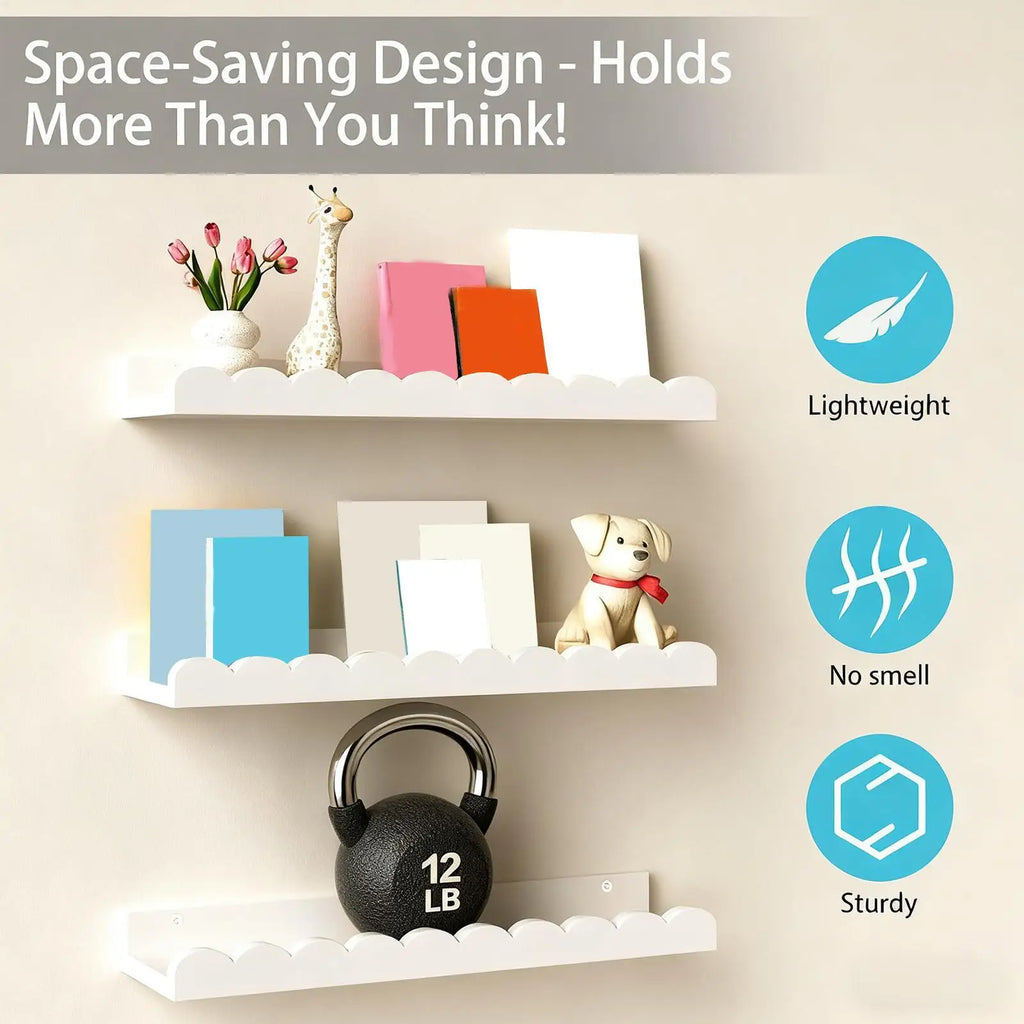 Three white scalloped-edge wall bookshelves each holding books, toys, and decor, with space-saving icons