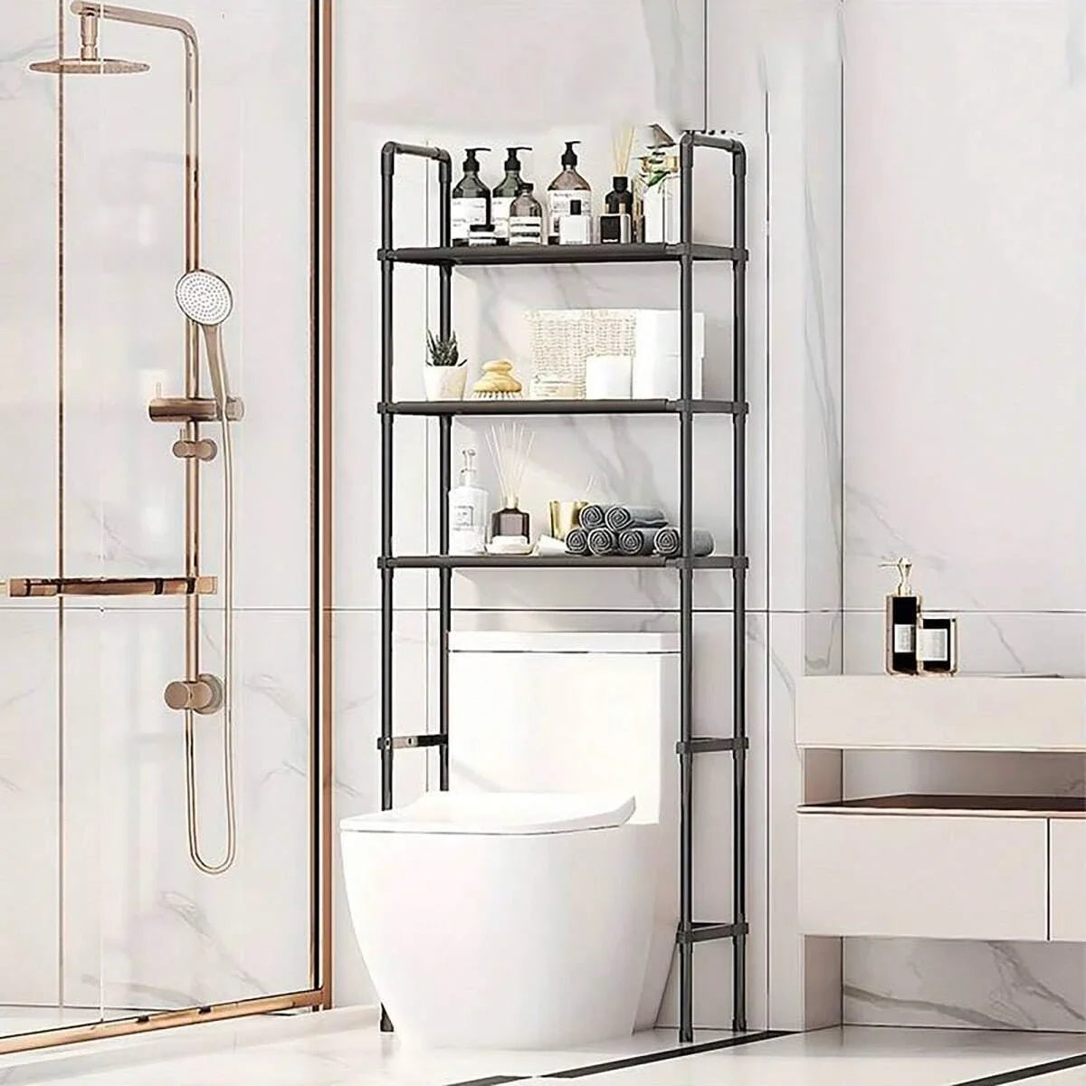 Black Over-Toilet Freestanding Storage Rack with Adjustable Shelves for Bathroom Organization