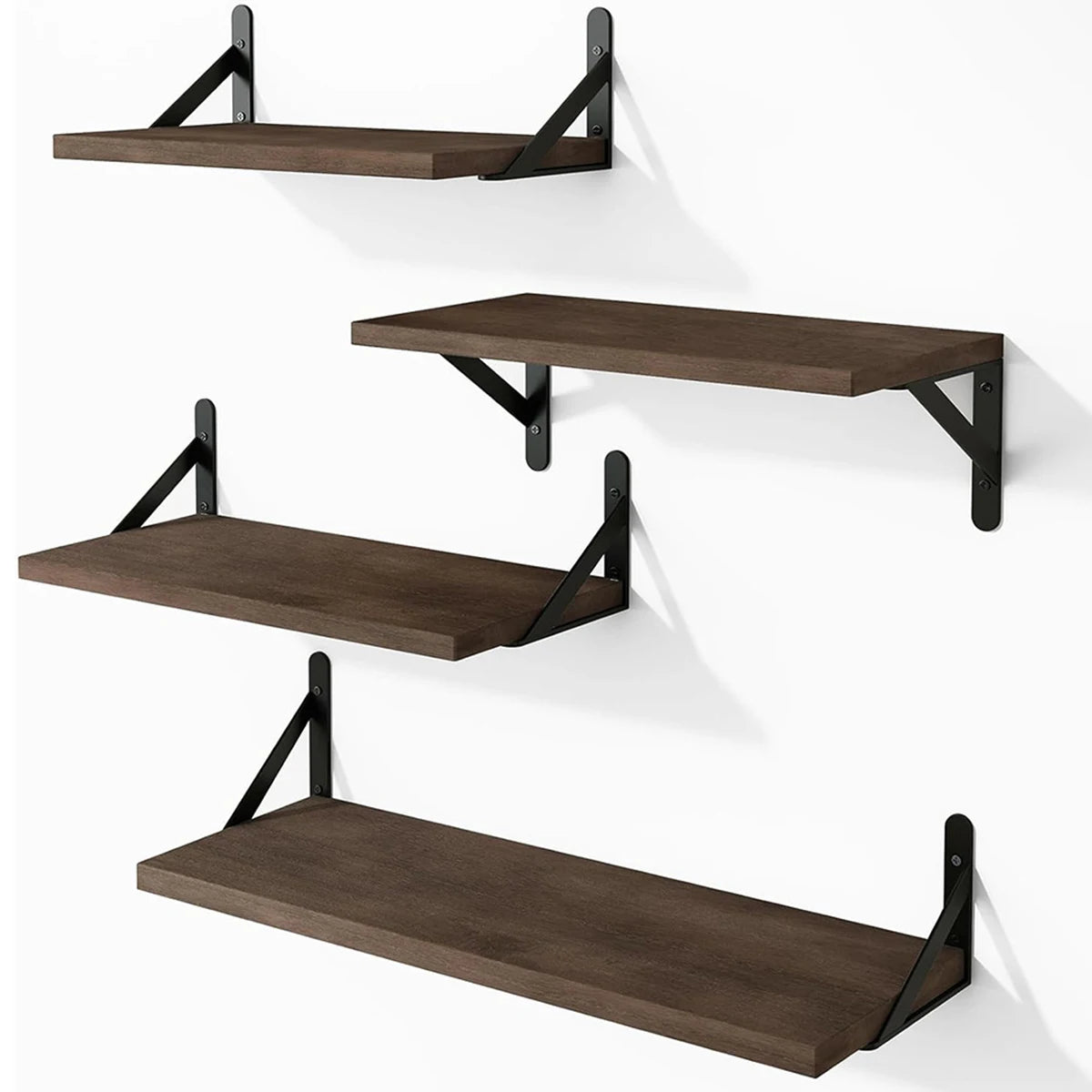 Wall-Mounted Wooden Floating Shelves with Black Brackets