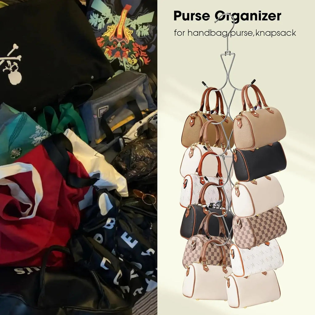 scarf hanger used as purse organizer, holding multiple handbags