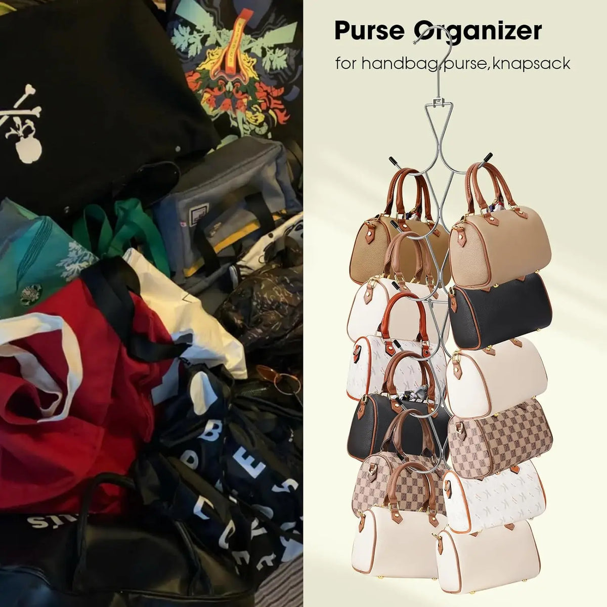 scarf hanger used as purse organizer, holding multiple handbags