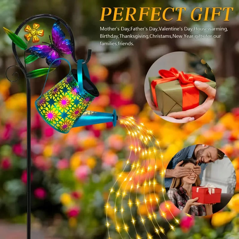 Solar butterfly watering can lantern with gift-wrapping images, suggesting it as a present for special occasions.