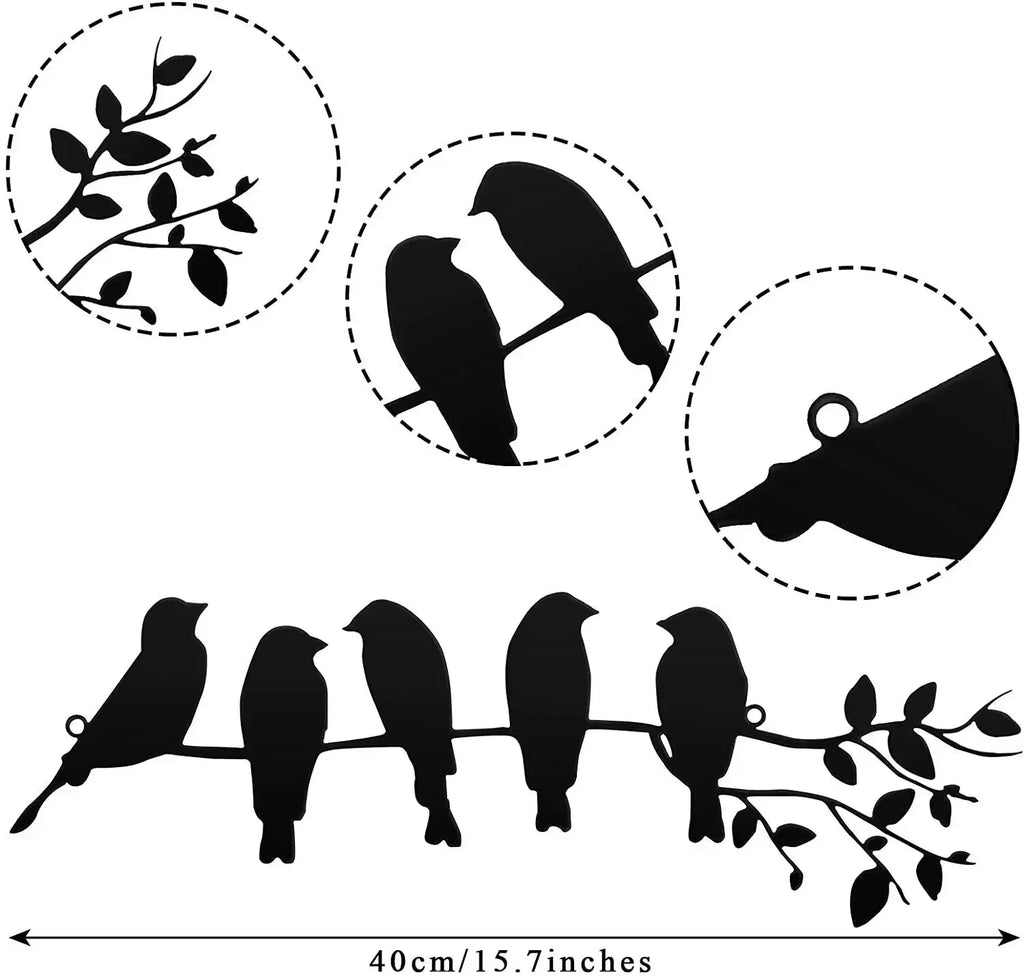 Black metal five-bird wall decor with zoomed details and measurements shown (40 cm or 15.7 inches wide).