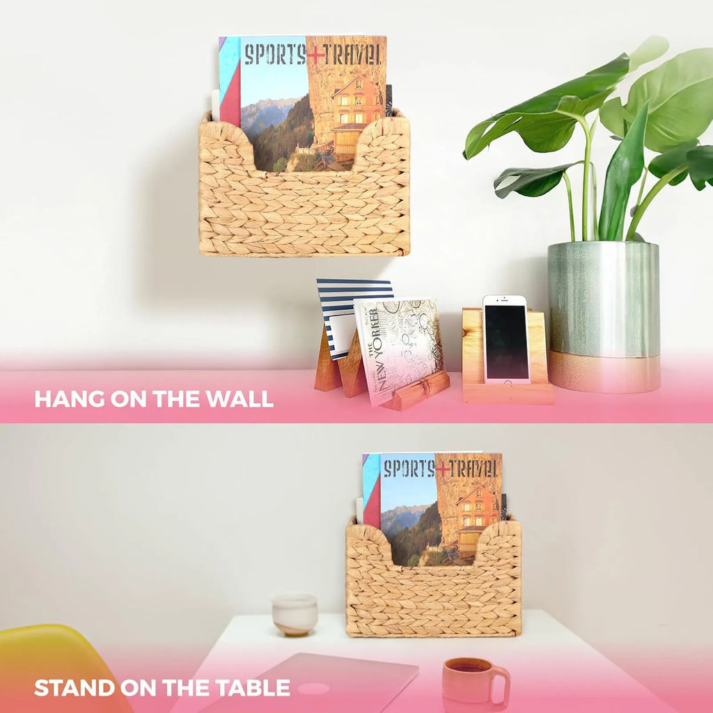 Woven basket shown both hanging on a wall and standing on a desk among books and decor items