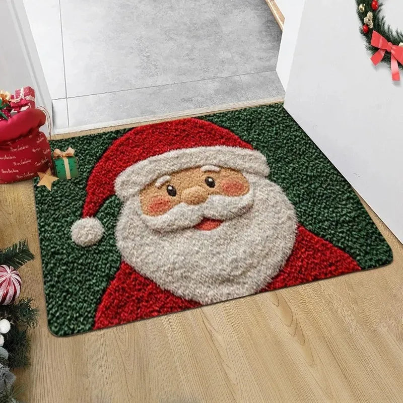 Santa Claus motif festive entryway mat by an indoor door