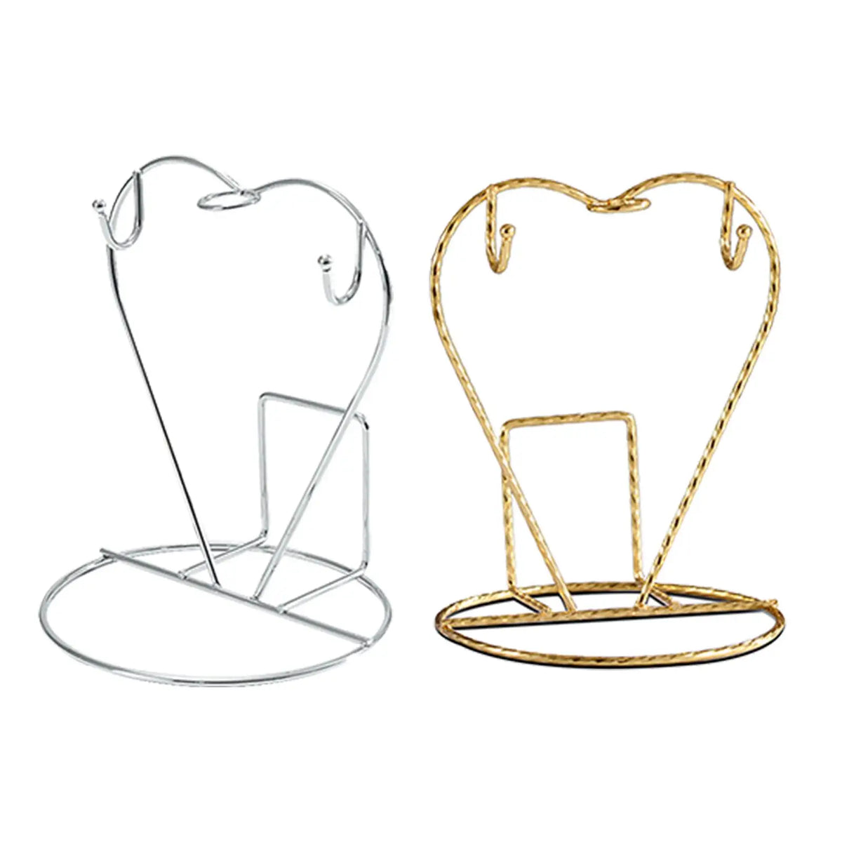front view of silver and gold heart-shaped metal mug stands