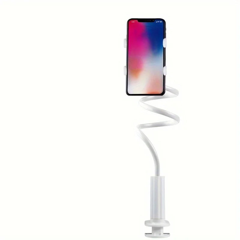 White flexible phone holder displaying a phone vertically against white background